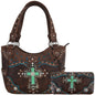 Western Style Tooled Leather Studded Handbag and Matching Trifold Wallet W/ Cross