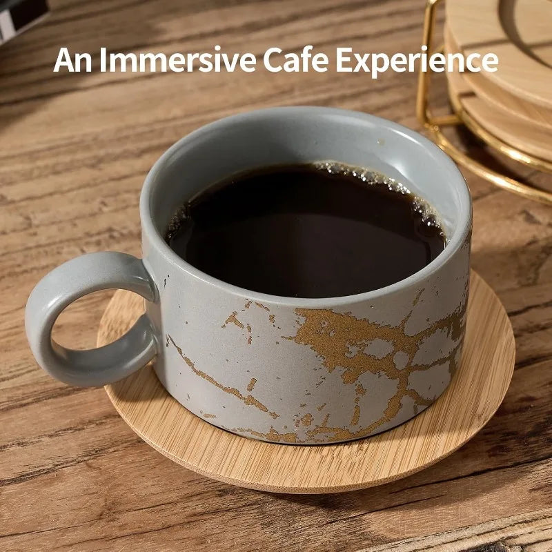 Set of 4 - 6 Ounce Porcelain Stackable Espresso Cups with Saucers/Metal Stand