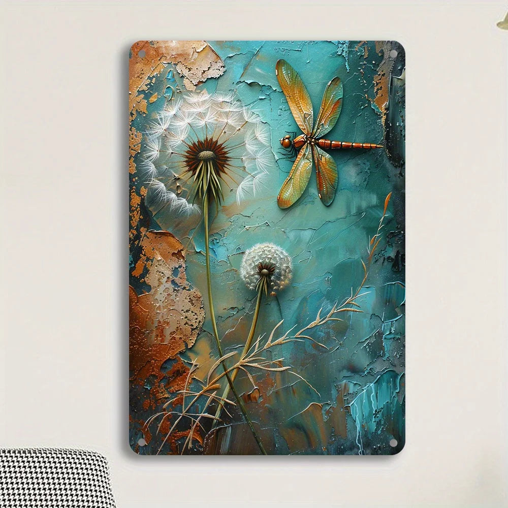 Vintage Dandelion Dragonfly Metal Wall Art - Indoor/Outdoor Decor -  8x12 Inches