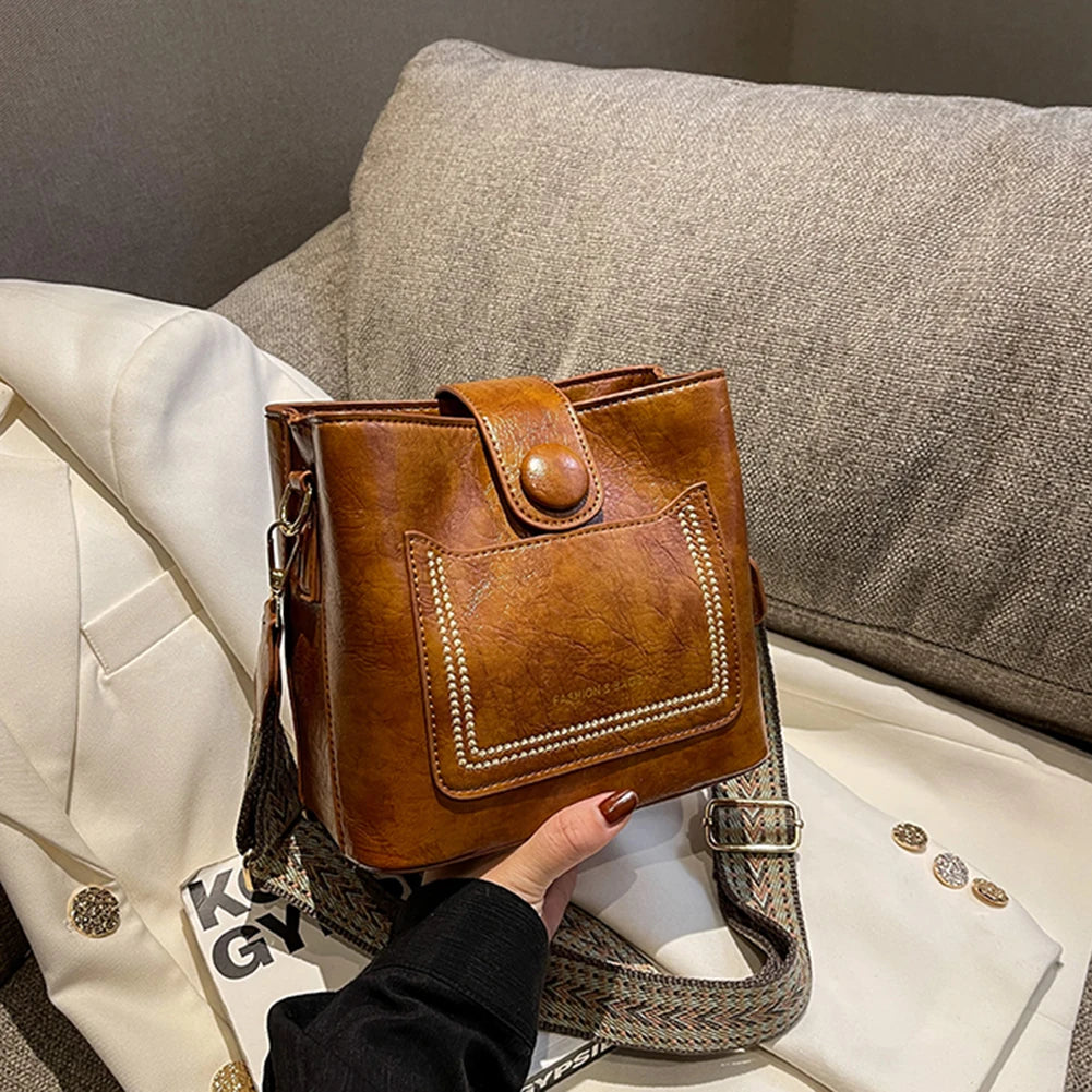 PU Leather Crossbody Handbag W/ Wide Strap