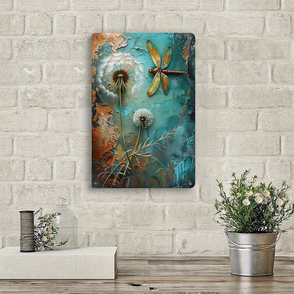 Vintage Dandelion Dragonfly Metal Wall Art - Indoor/Outdoor Decor -  8x12 Inches