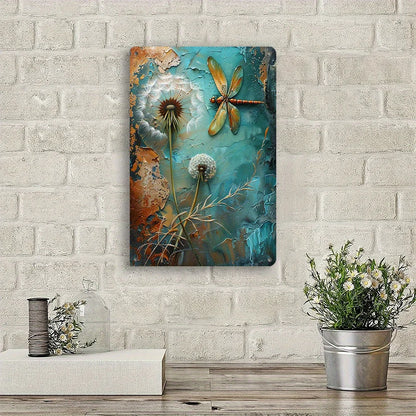 Vintage Dandelion Dragonfly Metal Wall Art - Indoor/Outdoor Decor -  8x12 Inches
