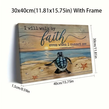 1PC Wood Framed Canvas of Turtle Painting With Scripture
