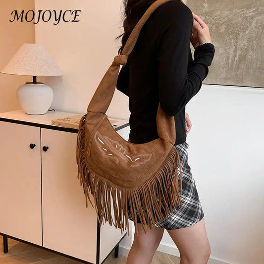 Suede Shoulder Bag W/ Tassels - Large Capacity