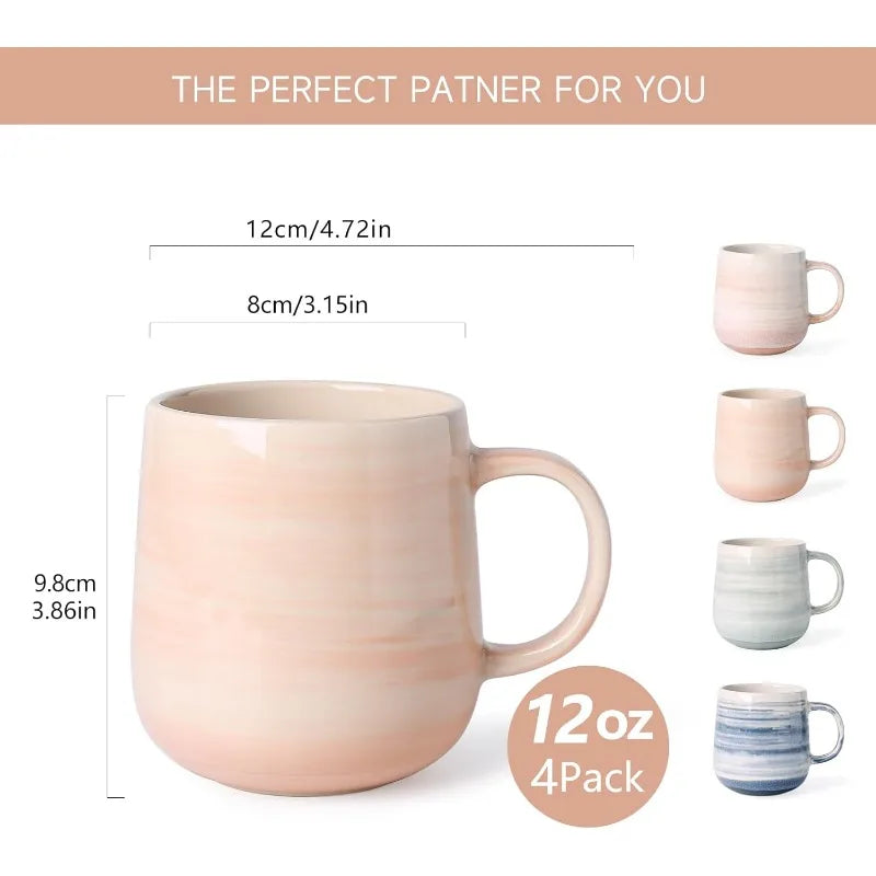 Set of 4 - 12 oz Ceramic Coffee Cups w/ Large Handles