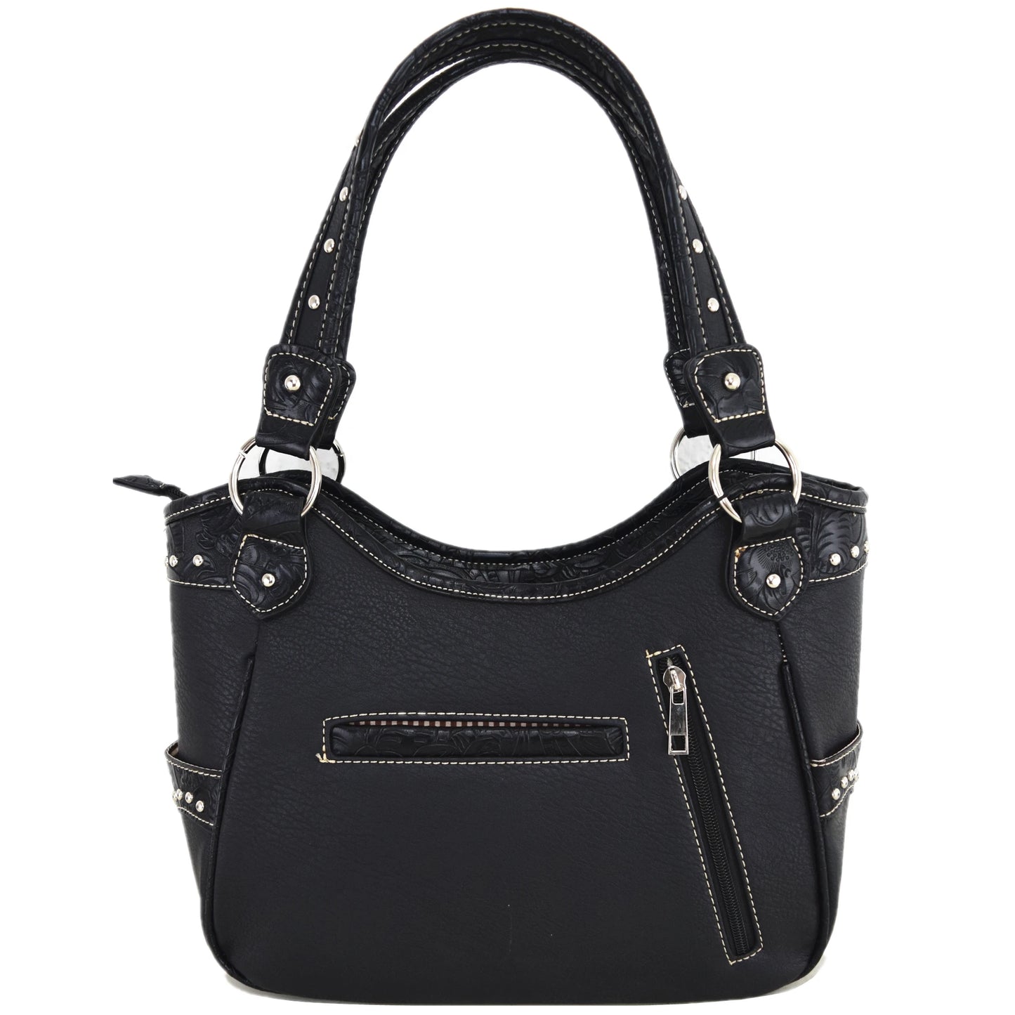 Western Style Tooled Leather Studded Handbag and Matching Trifold Wallet W/ Cross