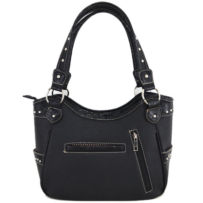 Western Style Tooled Leather Studded Handbag and Matching Trifold Wallet W/ Cross