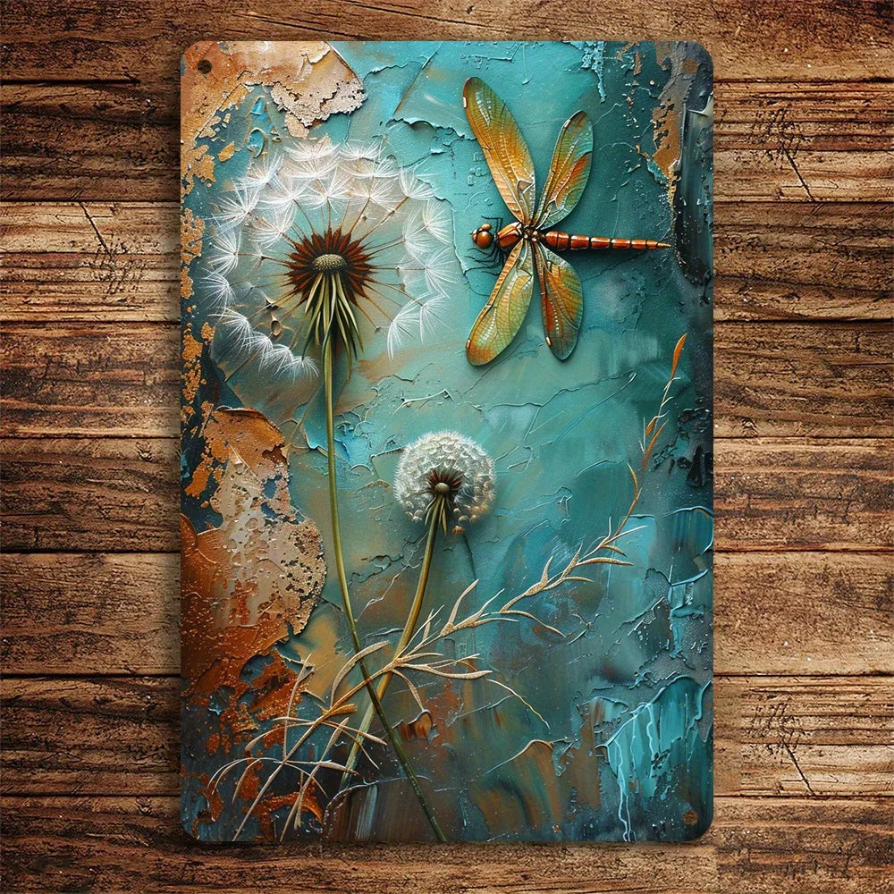 Vintage Dandelion Dragonfly Metal Wall Art - Indoor/Outdoor Decor -  8x12 Inches
