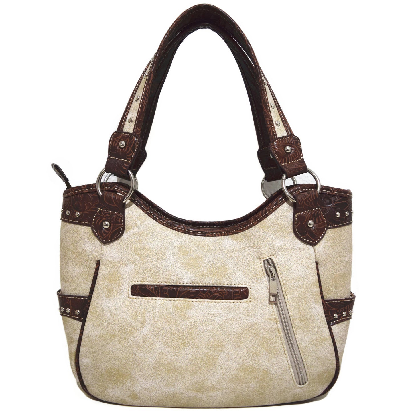 Western Style Tooled Leather Studded Handbag and Matching Trifold Wallet W/ Cross