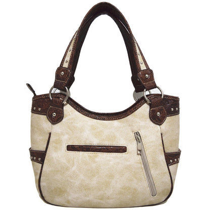 Western Style Tooled Leather Studded Handbag and Matching Trifold Wallet W/ Cross