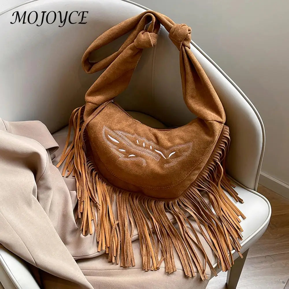 Suede Shoulder Bag W/ Tassels - Large Capacity
