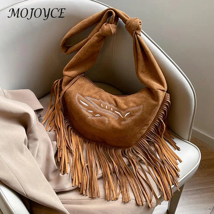 Suede Shoulder Bag W/ Tassels - Large Capacity
