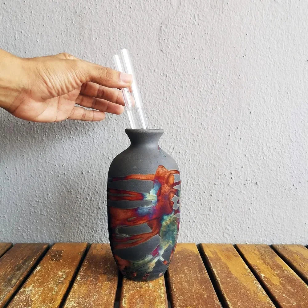 7 inch Raku Ceramic Pottery Vase - Carbon Half Copper