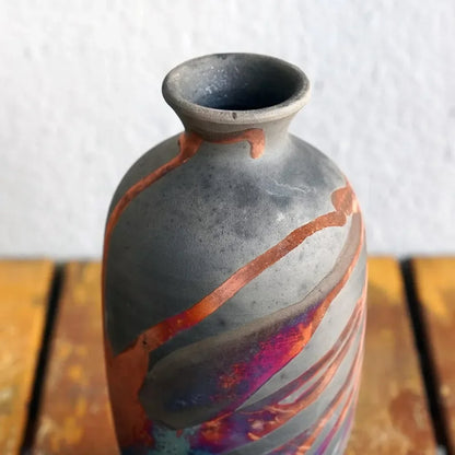 7 inch Raku Ceramic Pottery Vase - Carbon Half Copper