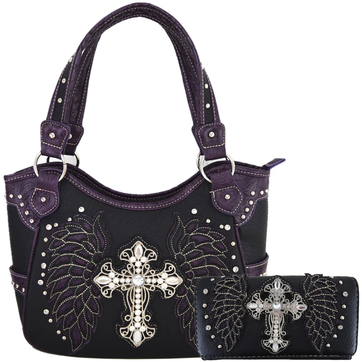 Western Style Tooled Leather Purse and Wallet W/ Rhinestone Cross and Studded Laser Cut Wings