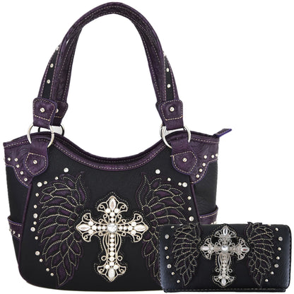 Western Style Tooled Leather Purse and Wallet W/ Rhinestone Cross and Studded Laser Cut Wings