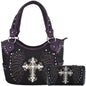 Western Style Tooled Leather Purse and Wallet W/ Rhinestone Cross and Studded Laser Cut Wings