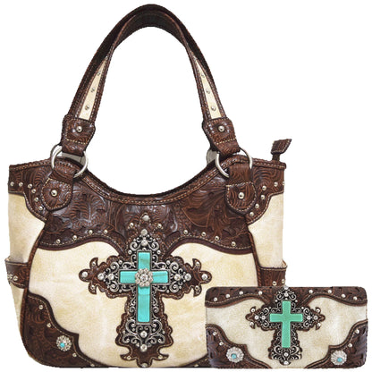 Western Style Tooled Leather Studded Handbag and Matching Trifold Wallet W/ Cross