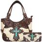 Western Style Tooled Leather Studded Handbag and Matching Trifold Wallet W/ Cross