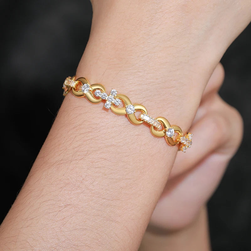 NEW STYLE S925 Silver Iced Out Cross Infinity Bracelet With Baguette Link For Women/Men