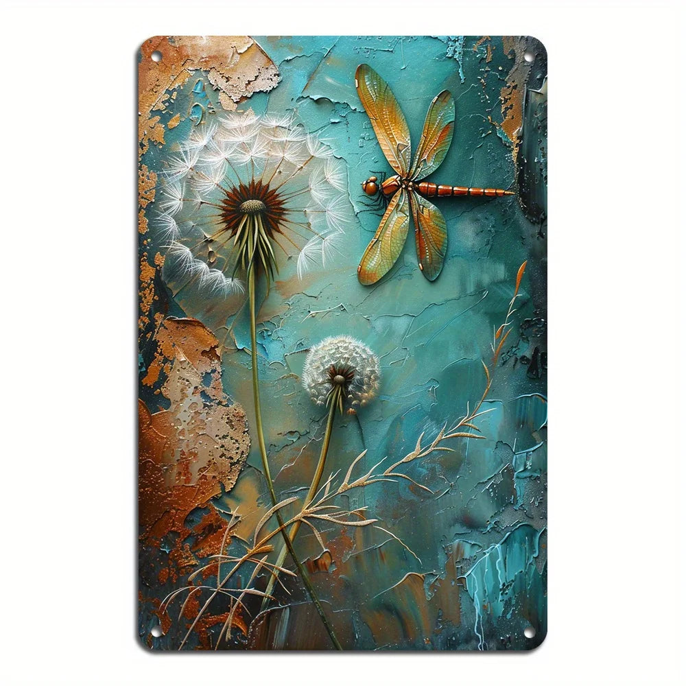 Vintage Dandelion Dragonfly Metal Wall Art - Indoor/Outdoor Decor -  8x12 Inches