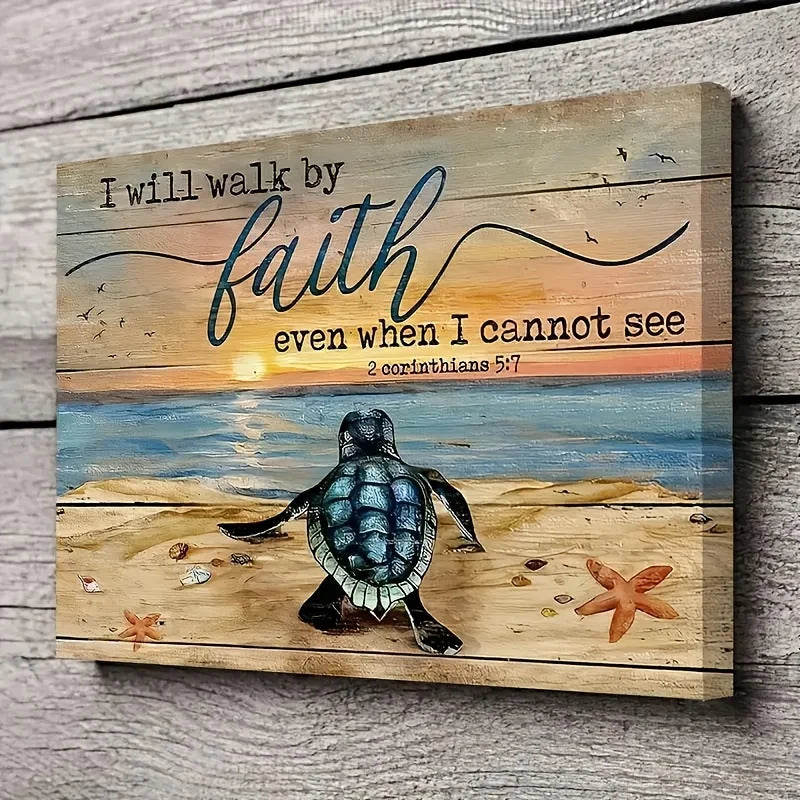 1PC Wood Framed Canvas of Turtle Painting With Scripture