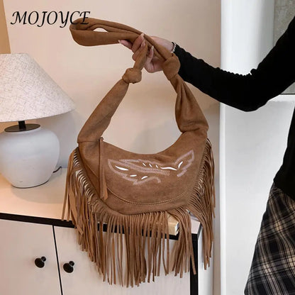 Suede Shoulder Bag W/ Tassels - Large Capacity