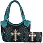 Western Style Tooled Leather Purse and Wallet W/ Rhinestone Cross and Studded Laser Cut Wings
