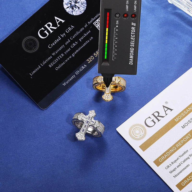 925 Sterling Silver Cross Baguette Moissanite Ring for Women/Men