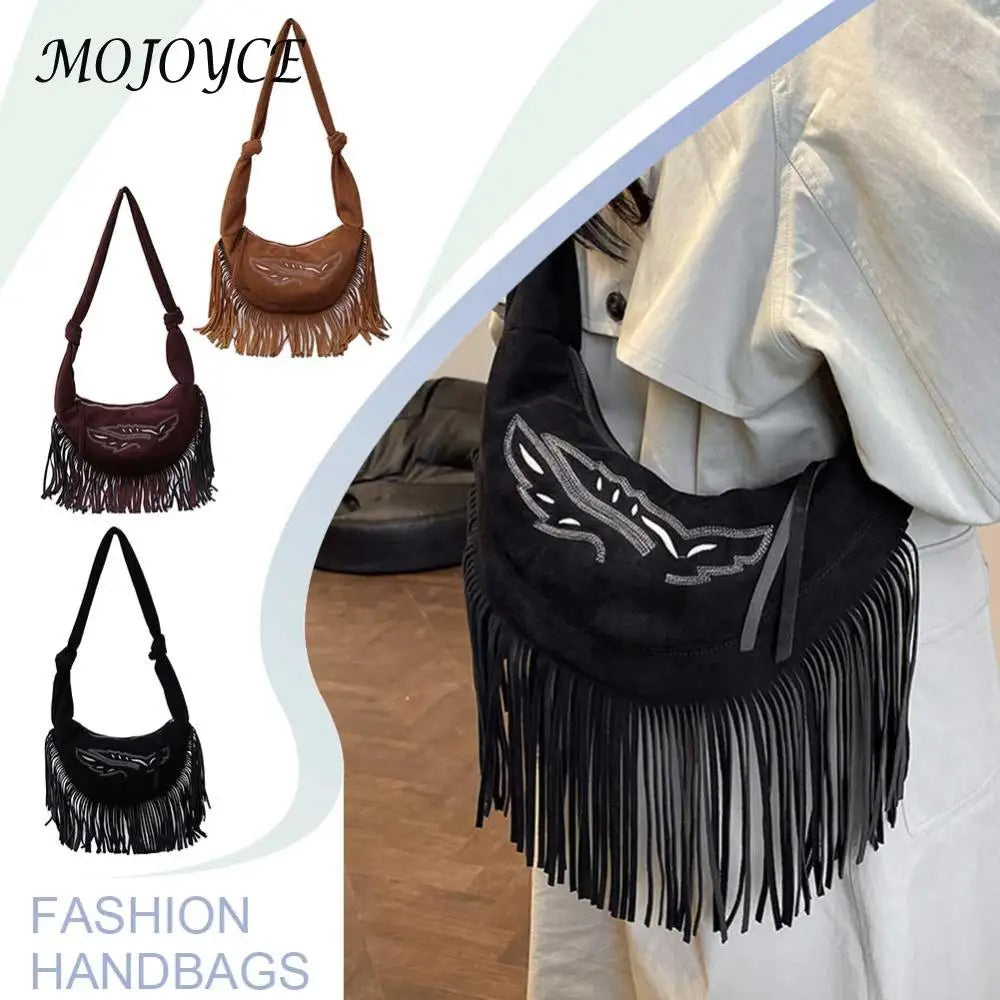 Suede Shoulder Bag W/ Tassels - Large Capacity