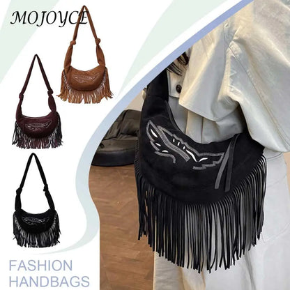 Suede Shoulder Bag W/ Tassels - Large Capacity