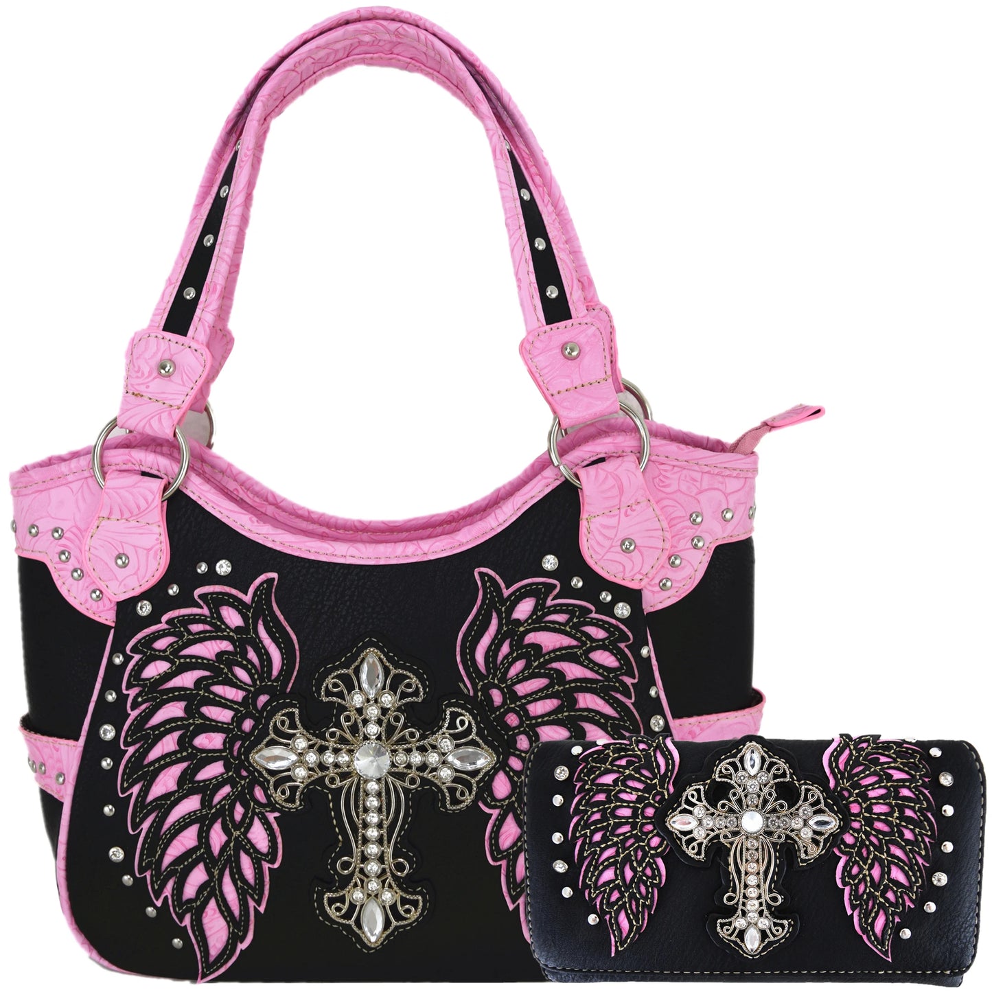 Western Style Tooled Leather Purse and Wallet W/ Rhinestone Cross and Studded Laser Cut Wings