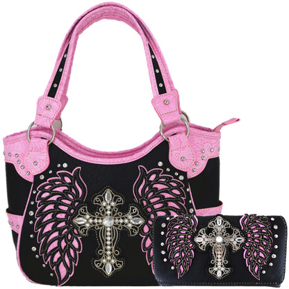 Western Style Tooled Leather Purse and Wallet W/ Rhinestone Cross and Studded Laser Cut Wings