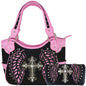Western Style Tooled Leather Purse and Wallet W/ Rhinestone Cross and Studded Laser Cut Wings