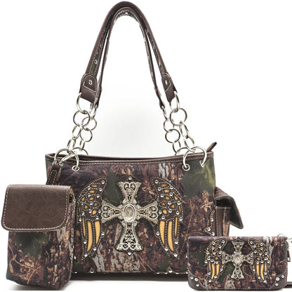 Camouflage W/ Rhinestone Cross Wings Purse W/ Matching Wallet Set