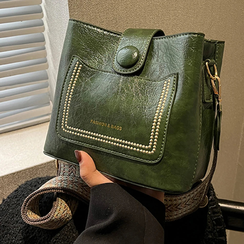 PU Leather Crossbody Handbag W/ Wide Strap