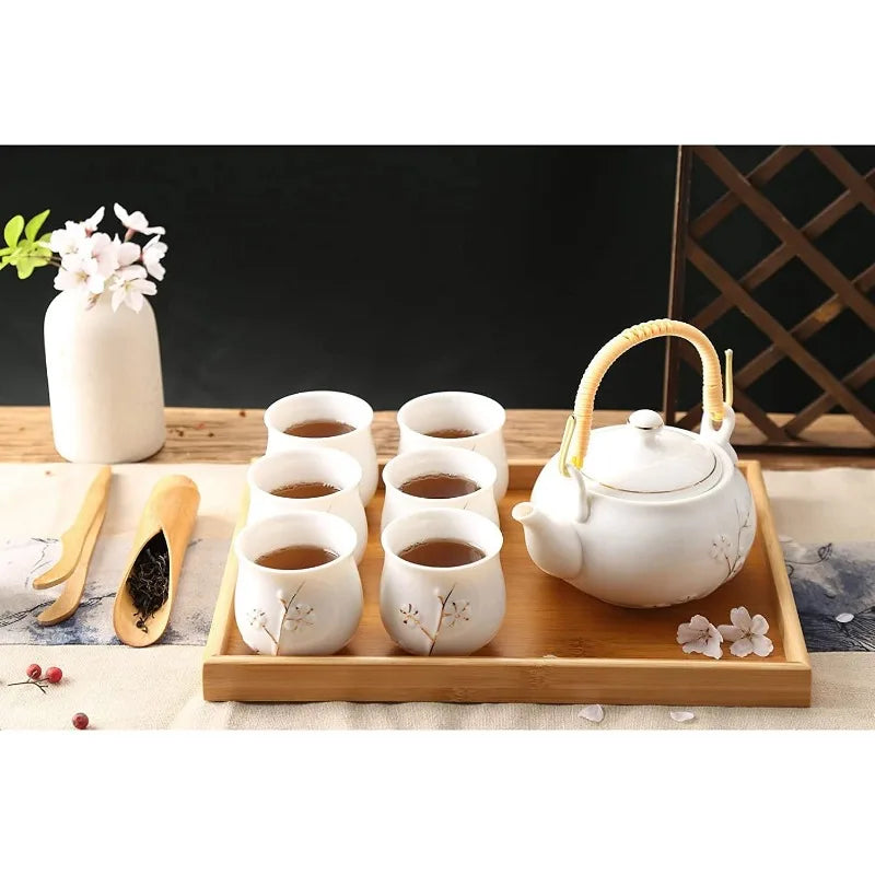 Japanese Porcelain Tea Set w/ 1 Teapot - 6 Tea Cups - 1 Tea Tray - 1 Stainless Infuser