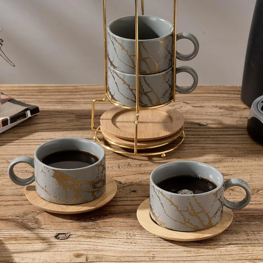 Set of 4 - 6 Ounce Porcelain Stackable Espresso Cups with Saucers/Metal Stand
