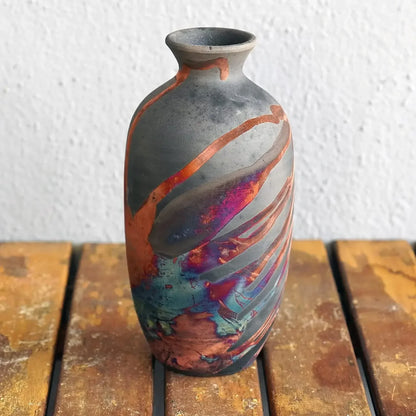 7 inch Raku Ceramic Pottery Vase - Carbon Half Copper
