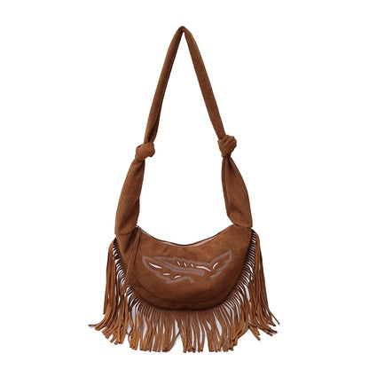 Suede Shoulder Bag W/ Tassels - Large Capacity