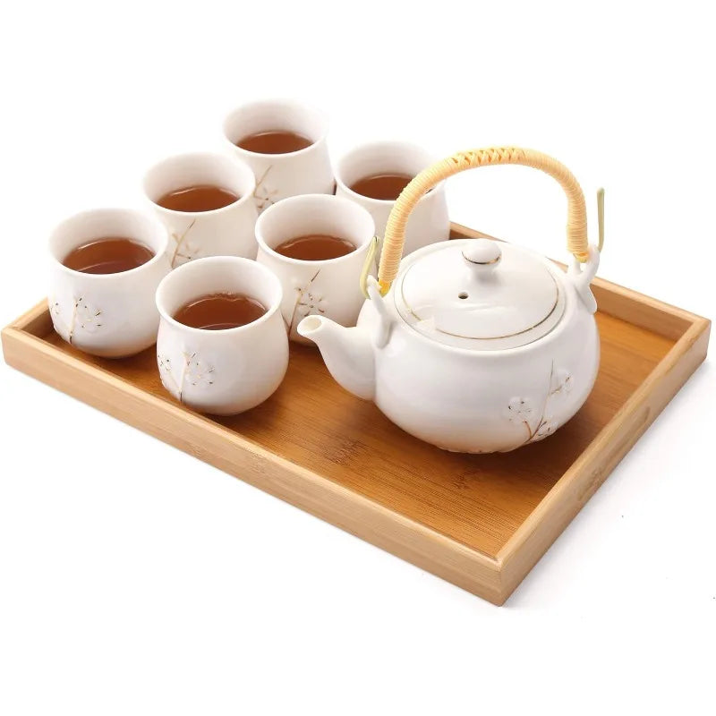 Japanese Porcelain Tea Set w/ 1 Teapot - 6 Tea Cups - 1 Tea Tray - 1 Stainless Infuser