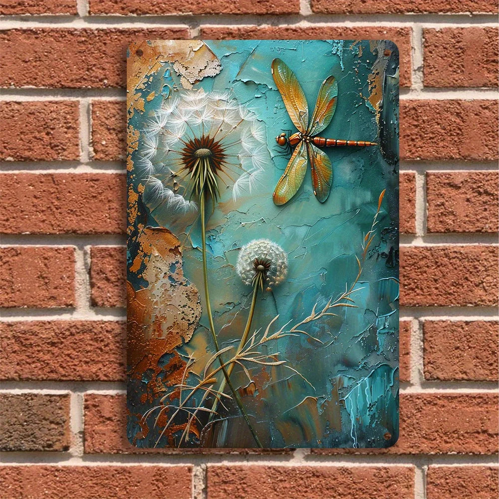 Vintage Dandelion Dragonfly Metal Wall Art - Indoor/Outdoor Decor -  8x12 Inches