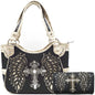 Western Style Tooled Leather Purse and Wallet W/ Rhinestone Cross and Studded Laser Cut Wings
