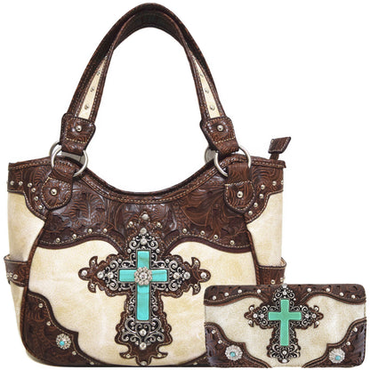 Western Style Tooled Leather Studded Handbag and Matching Trifold Wallet W/ Cross