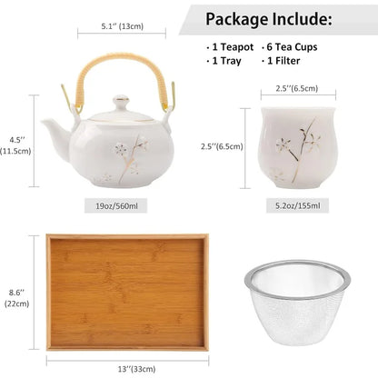 Japanese Porcelain Tea Set w/ 1 Teapot - 6 Tea Cups - 1 Tea Tray - 1 Stainless Infuser